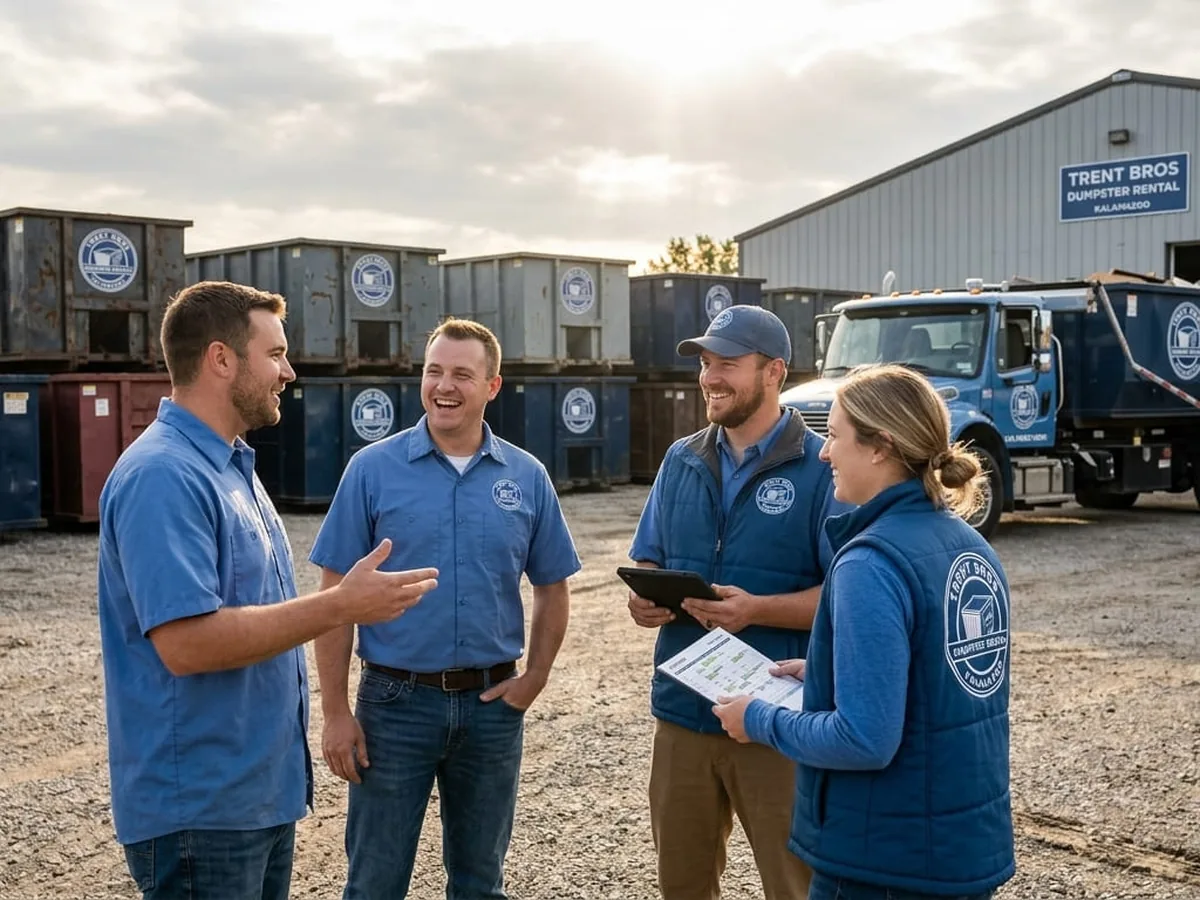 Trent Bros Dumpster Rental Kalamazoo crew answering questions beside a roll-off container